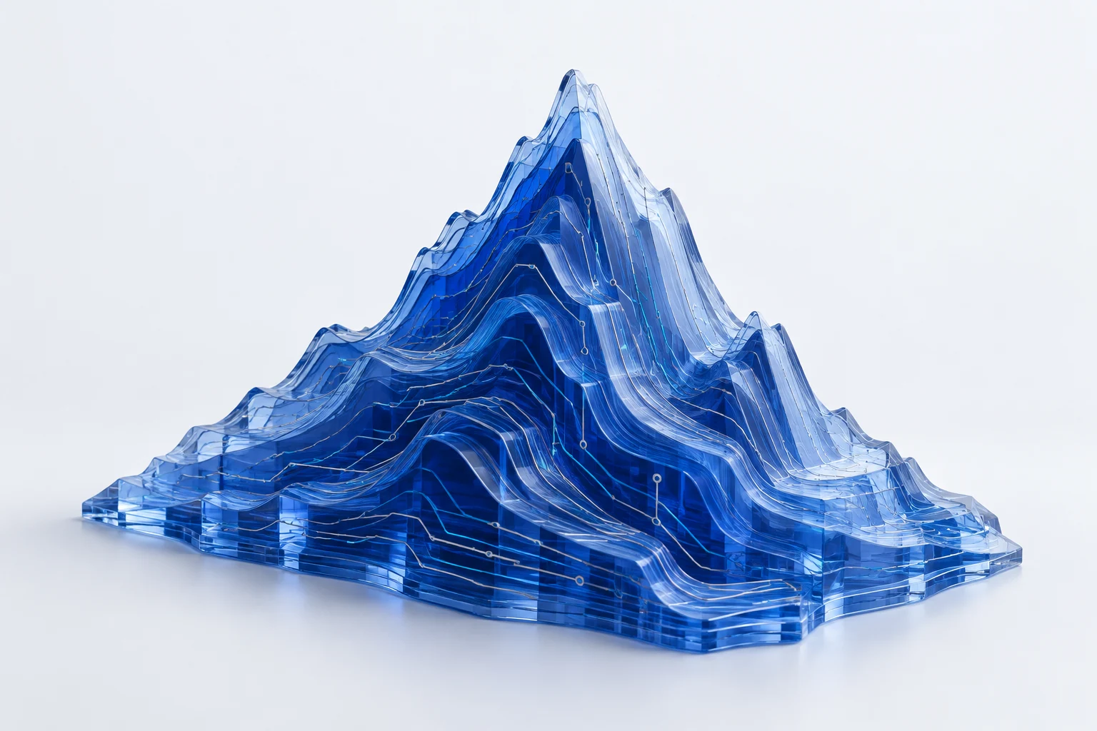A mountain of layered blue glass, connected by fine circuit traces